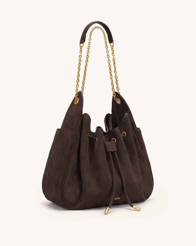 Rowan Faux Suede Quilted Chain Bucket Bag - Dark Brown
