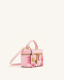 Cleo Embroidered Box Shape Top Handle Bag - Sakura Pink