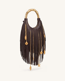 Chloe Metal Handle Fringe Top Handbag - Dark Brown