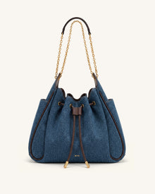 Rowan Ruched Drawstring Chain Bucket Bag - Dark Blue Denim