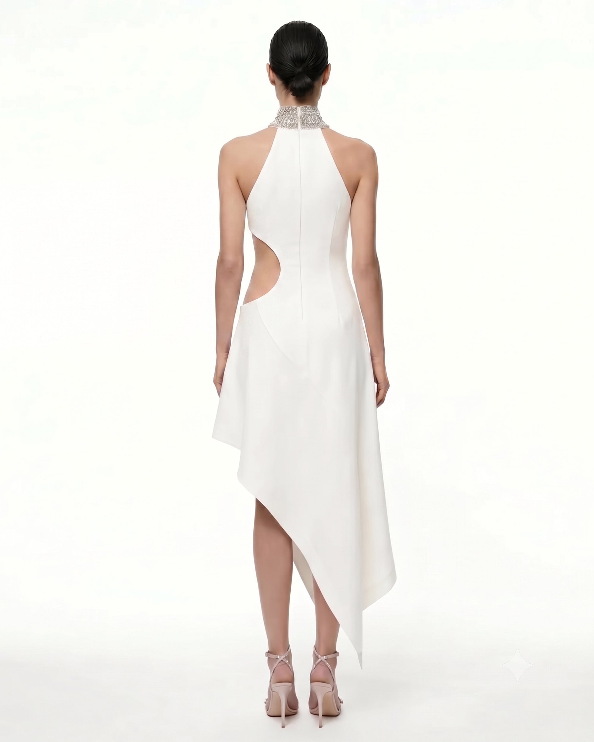 Jeweled Floral Cutout High Neck Dress - White