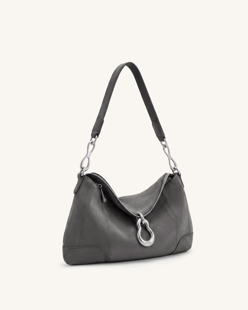 Jayla Faux Suede Metal Pendant Embellished Shoulder Bag - Dark Grey