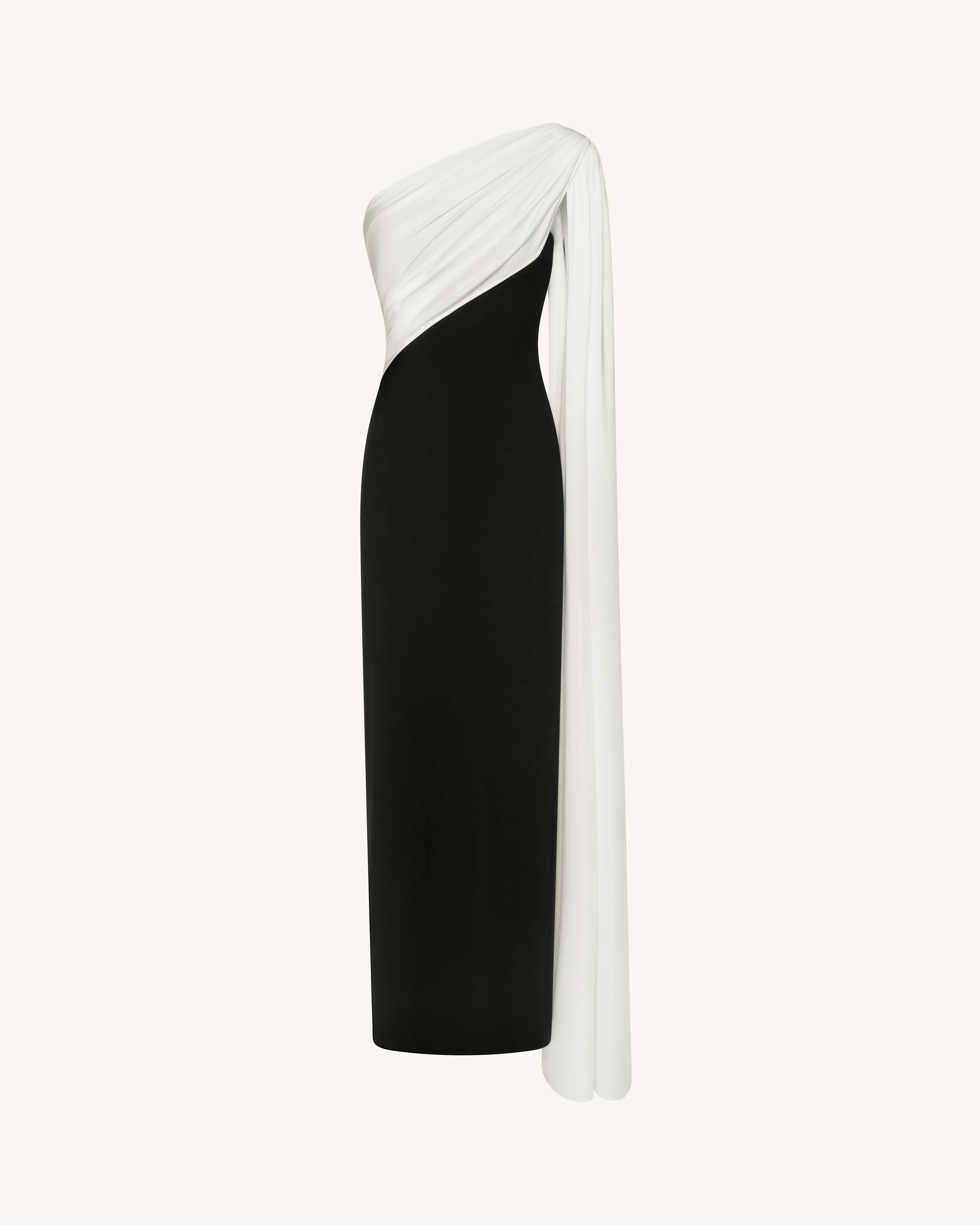 One Shoulder Draped Maxi Dress - Black White