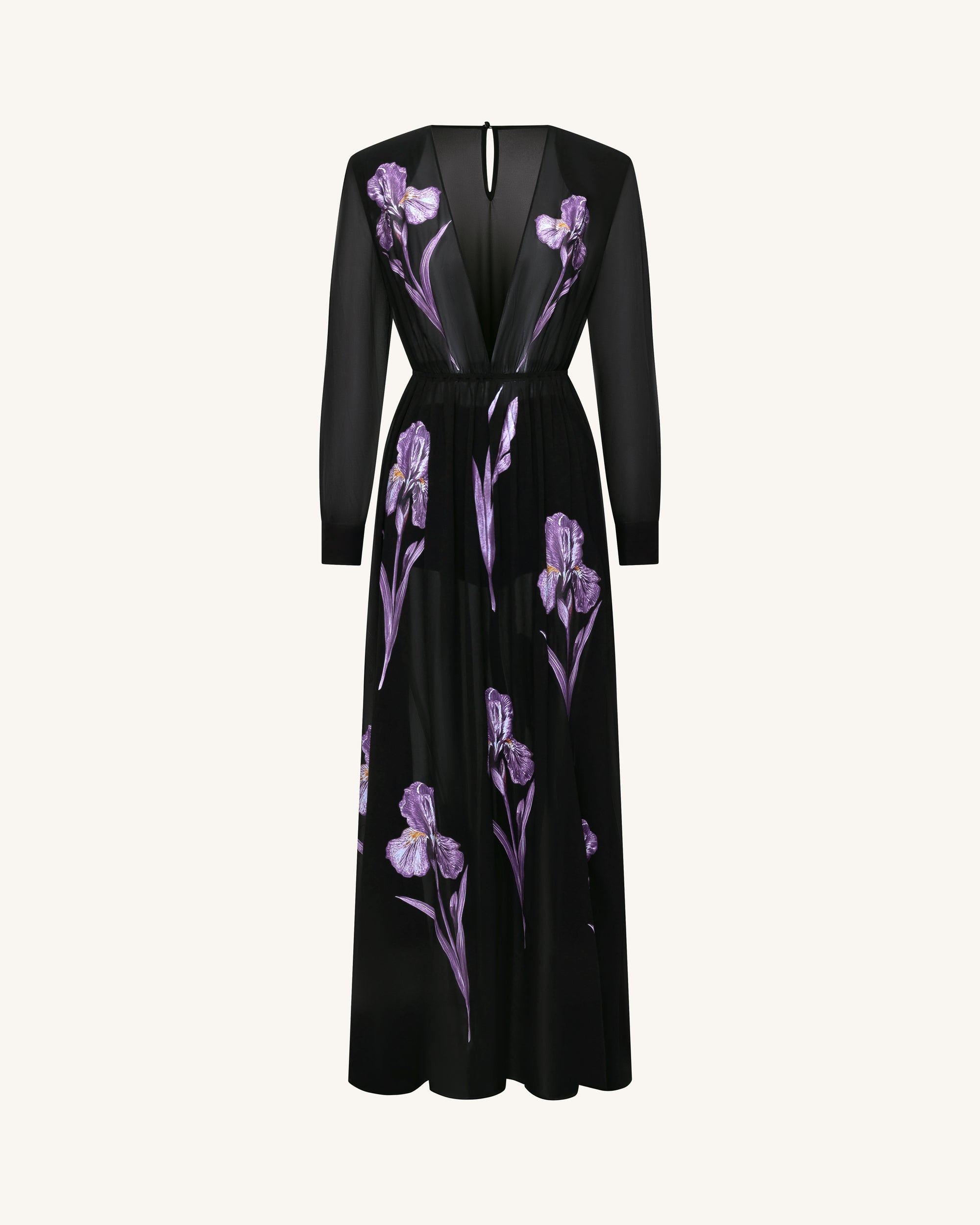 Iris Floral Print Long-Sleeve Sheer Gown - Black/Purple