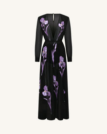 Iris Floral Print Long-Sleeve Sheer Gown - Black/Purple