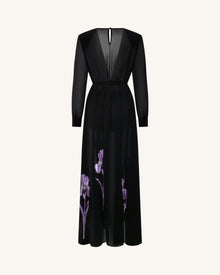 Iris Floral Print Long-Sleeve Sheer Gown - Black/Purple