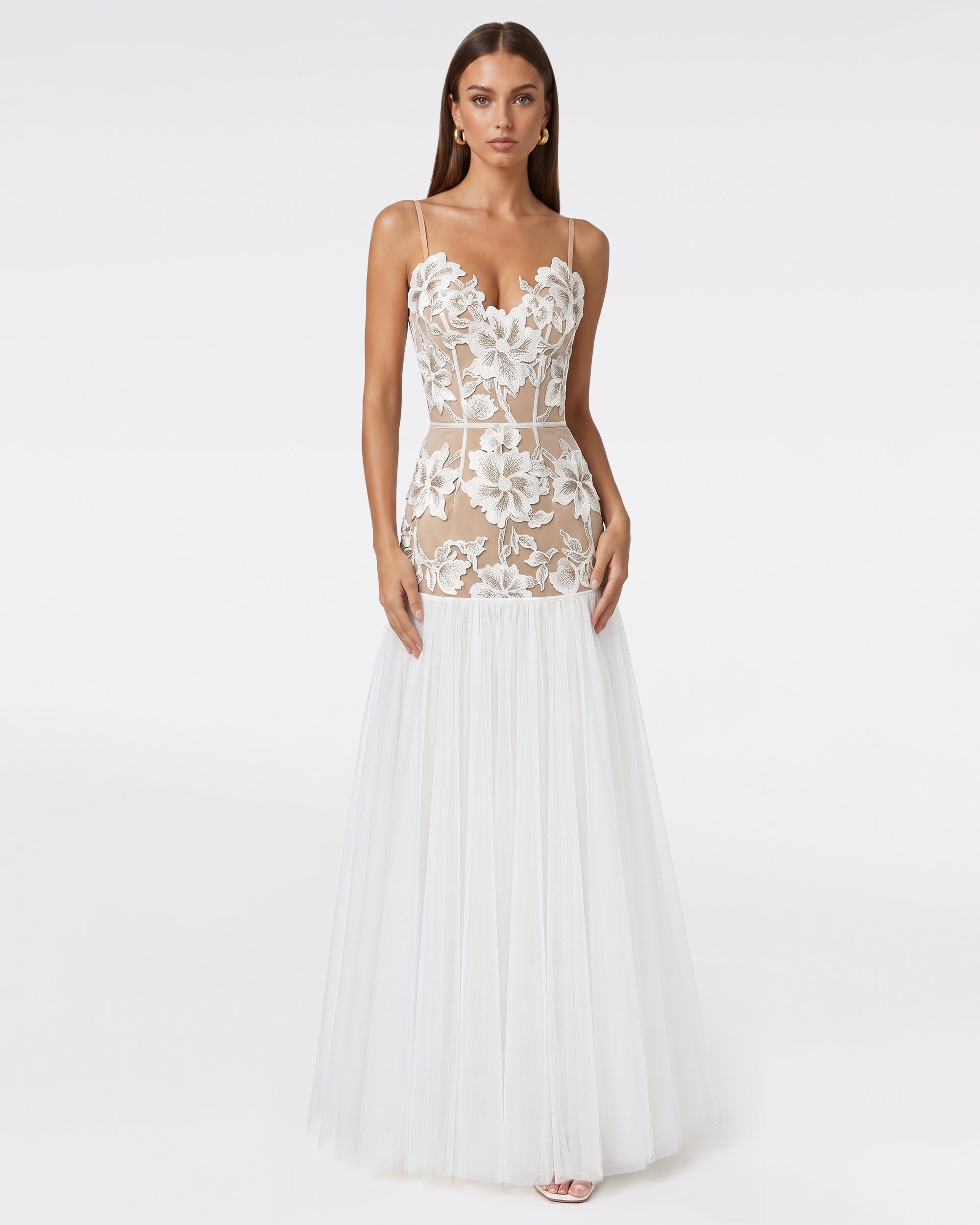 Floral Appliqué Sheer Tulle Maxi Dress - White