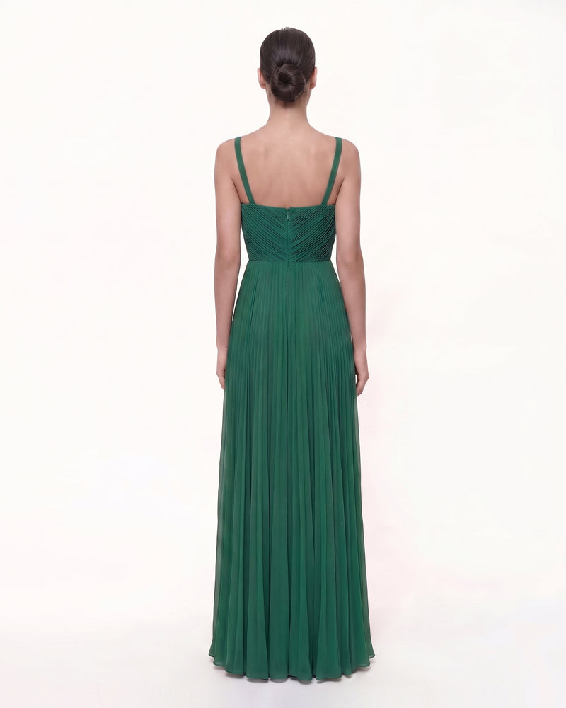 Iris Embroidered Pleated V-Neck Maxi Dress - Emerald Green