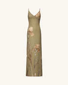 Iris Motif Satin Slip Gown - Olive Green