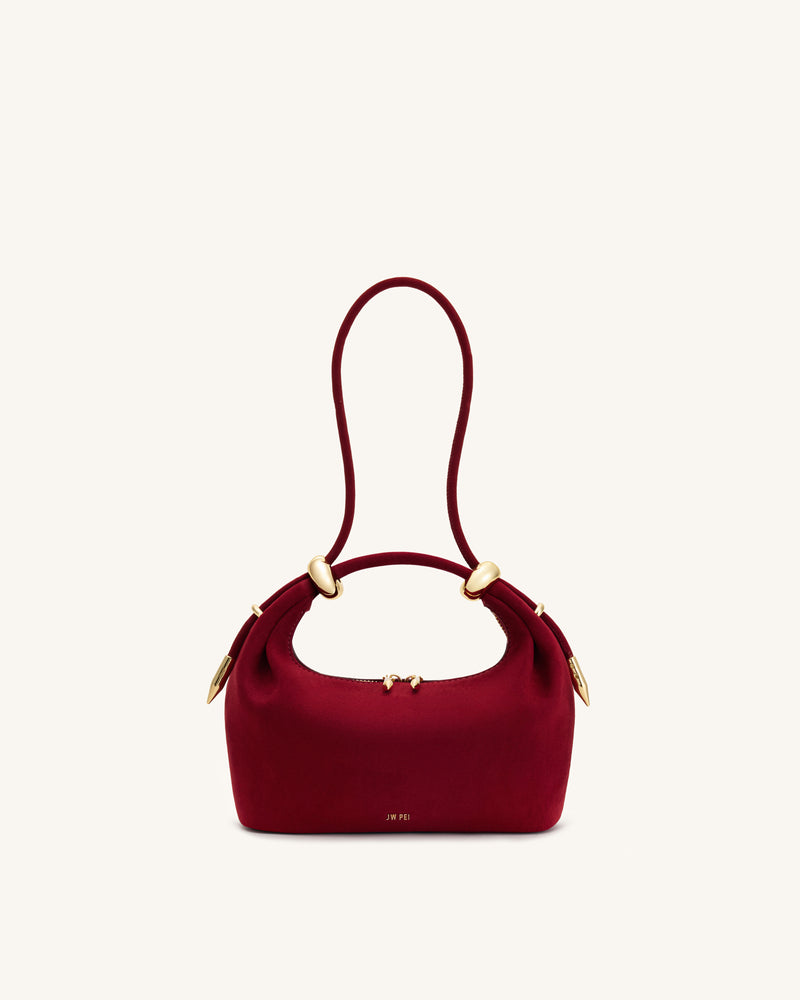 Ellie Faux Suede Metal Ring Embellished Top Handle Bag - Burgundy