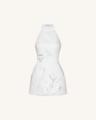 3D Floral Halter Mini Dress - White