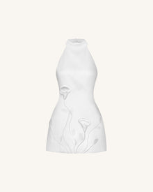 3D Floral Halter Mini Dress - White