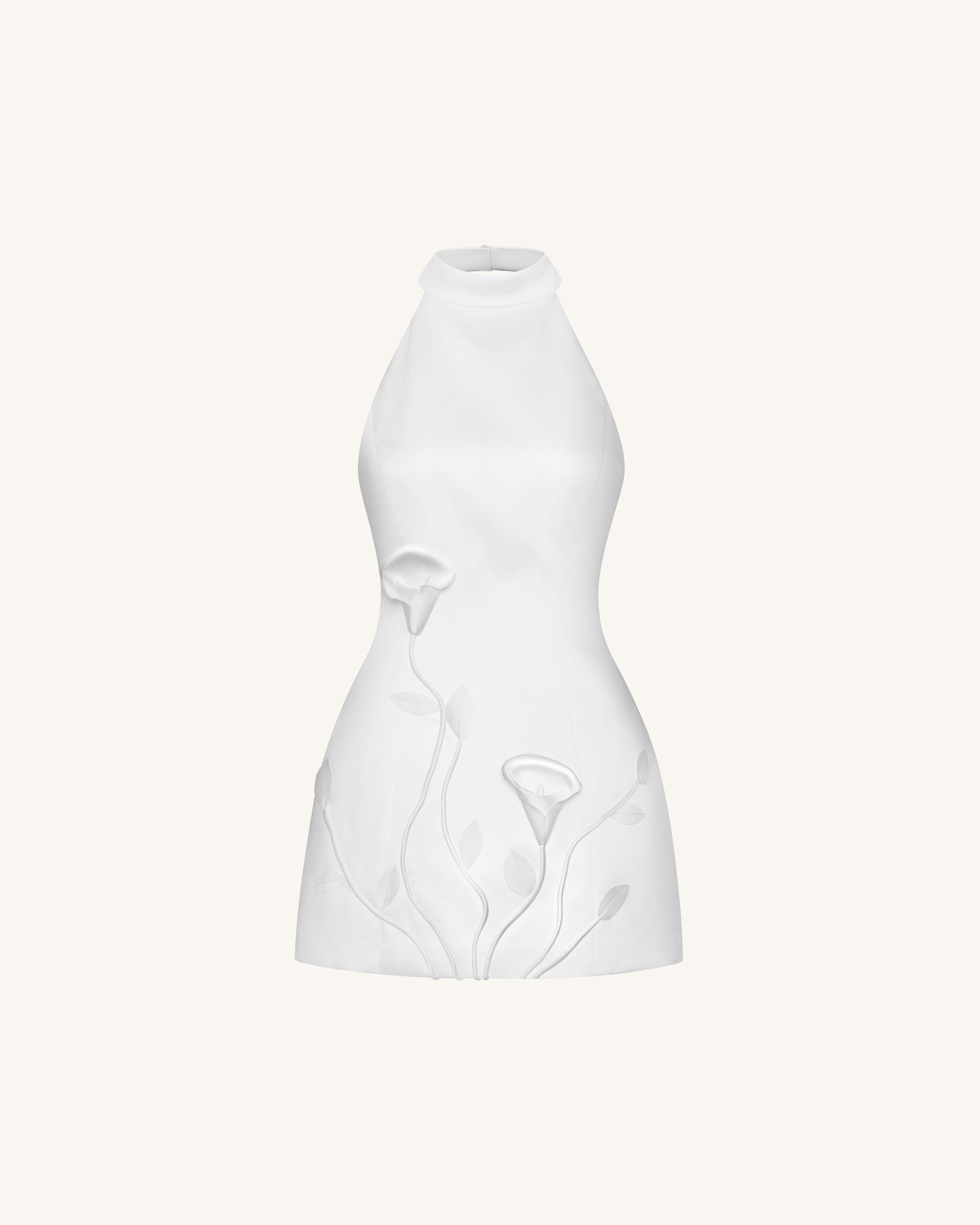 3D Floral Halter Mini Dress - White