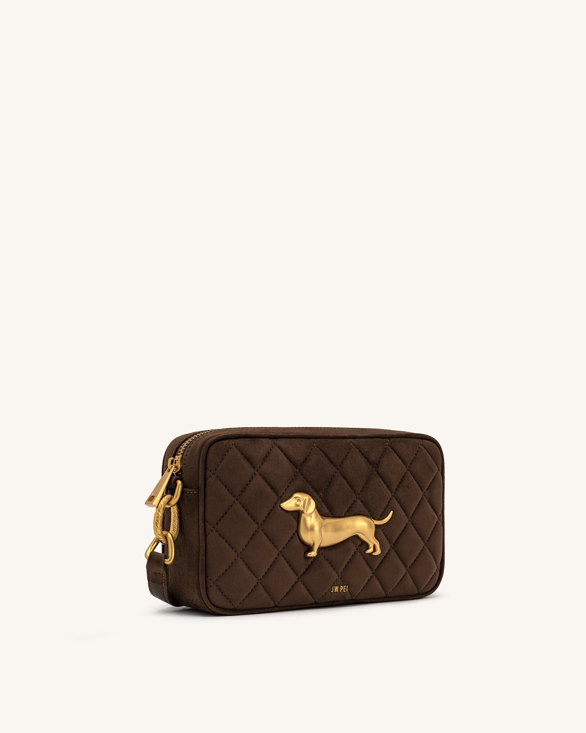 Riley Faux Suede Dachshund Quilted Shoulder Bag - Dark Brown
