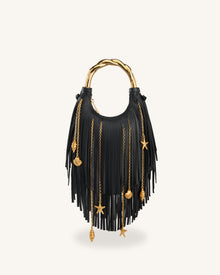 Chloe Metal Handle Fringe Top Handbag - Black