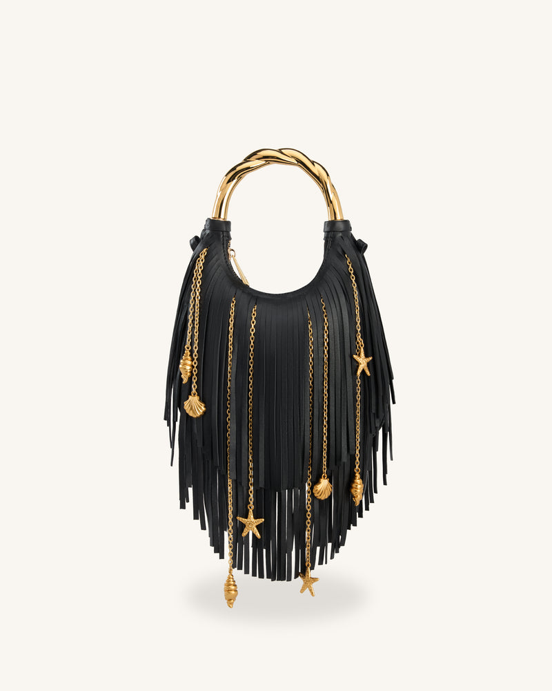 Chloe Metal Handle Fringe Top Handbag - Black