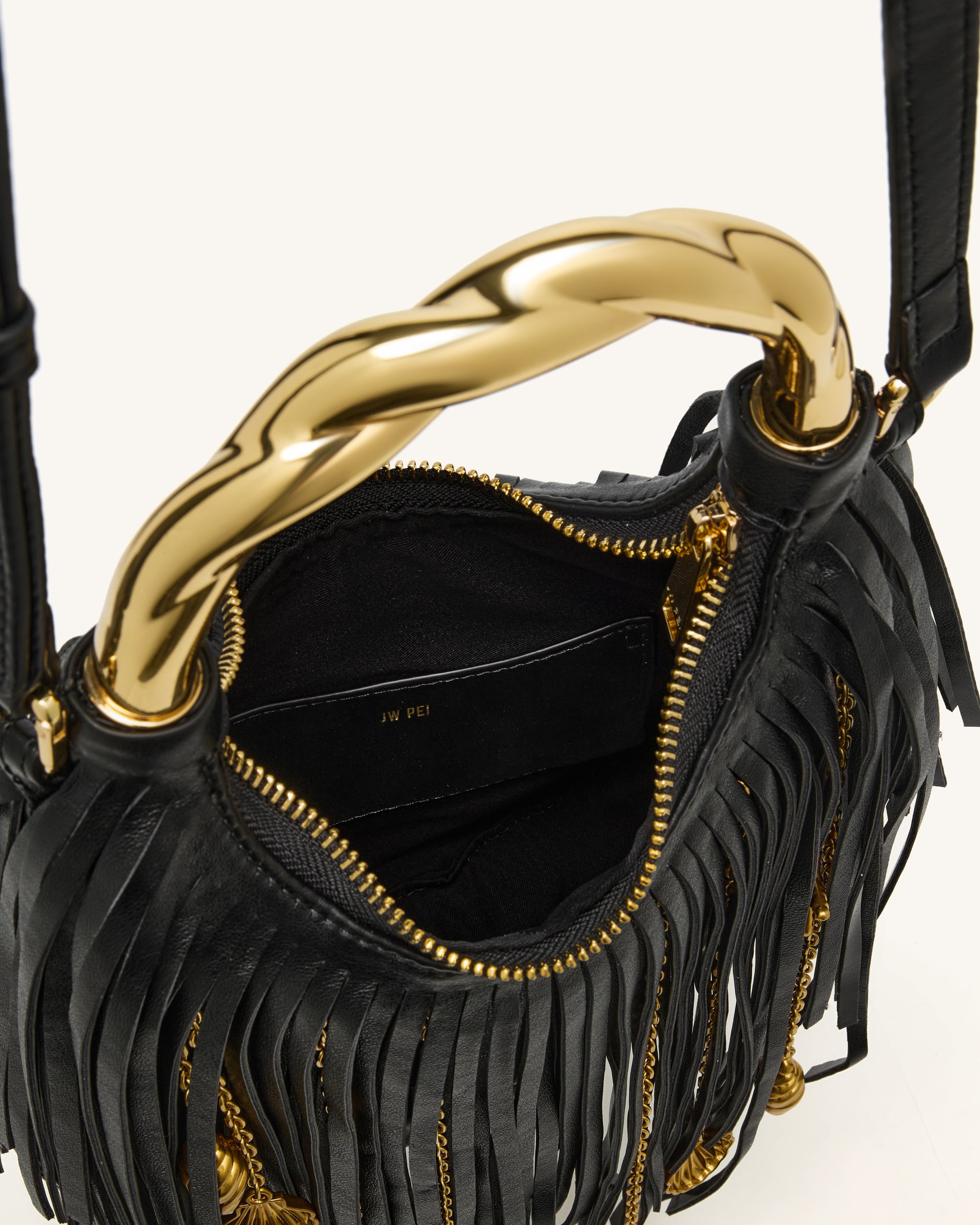 Chloe Metal Handle Fringe Top Handbag - Black