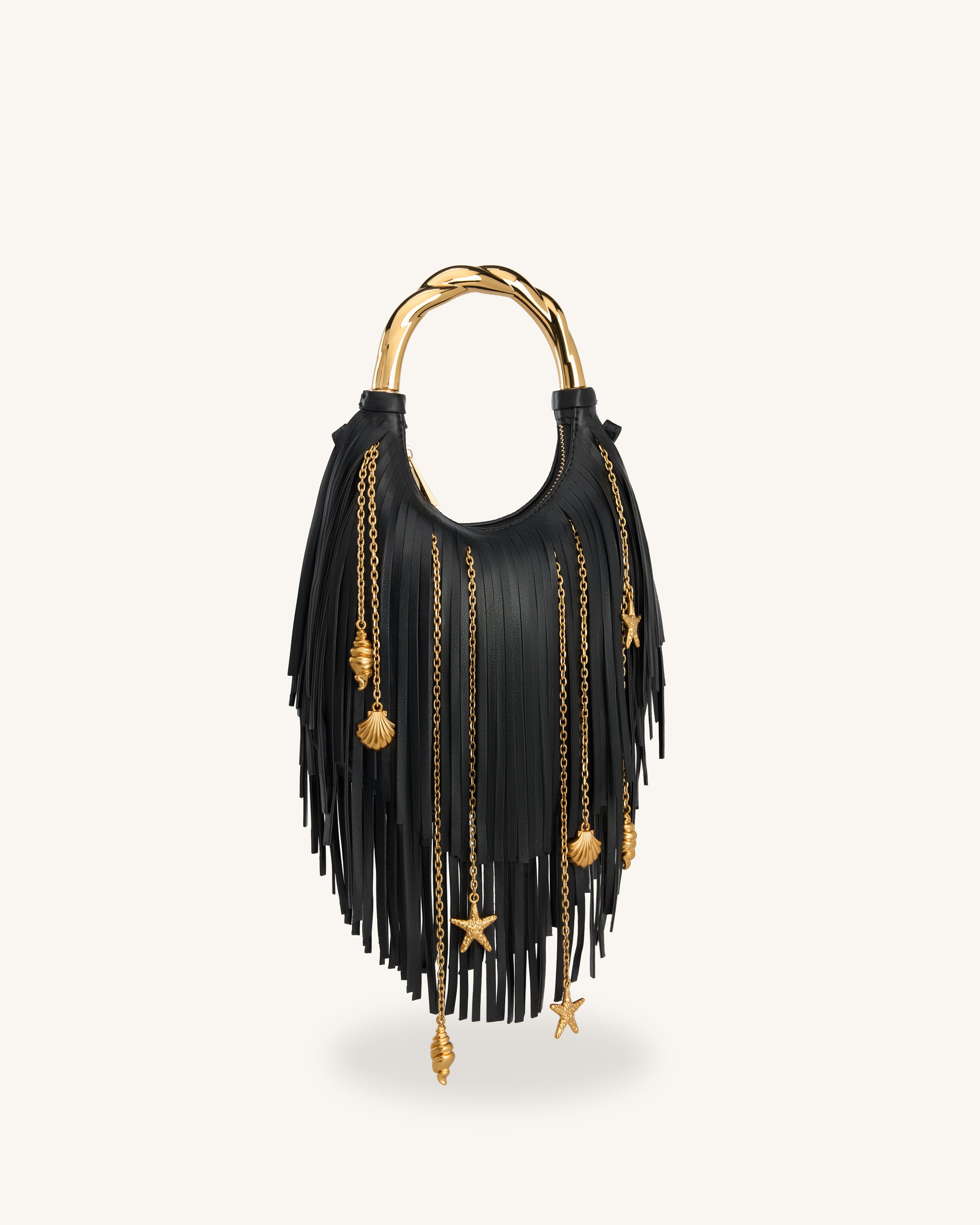 Chloe Metal Handle Fringe Top Handbag - Black