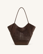 Maribel Woven Panel Tote Bag - Dark Brown