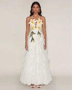 Lily-Embroidered Embroidered Halter Tiered Maxi Dress - White