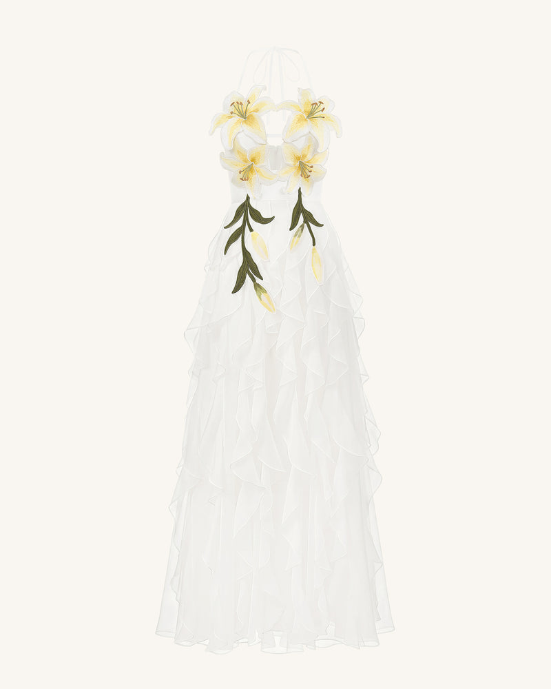 Lily-Embroidered Embroidered Halter Tiered Maxi Dress - White