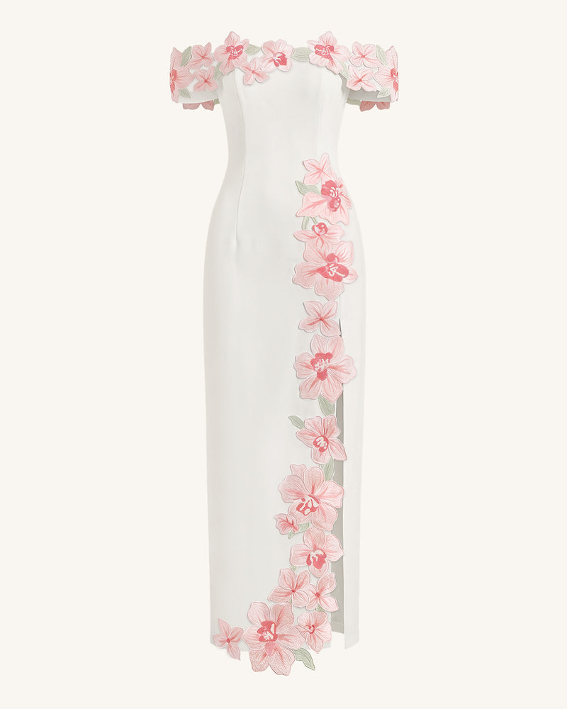 Flower Embroidered Off-Shoulder Maxi Dress - Ivory