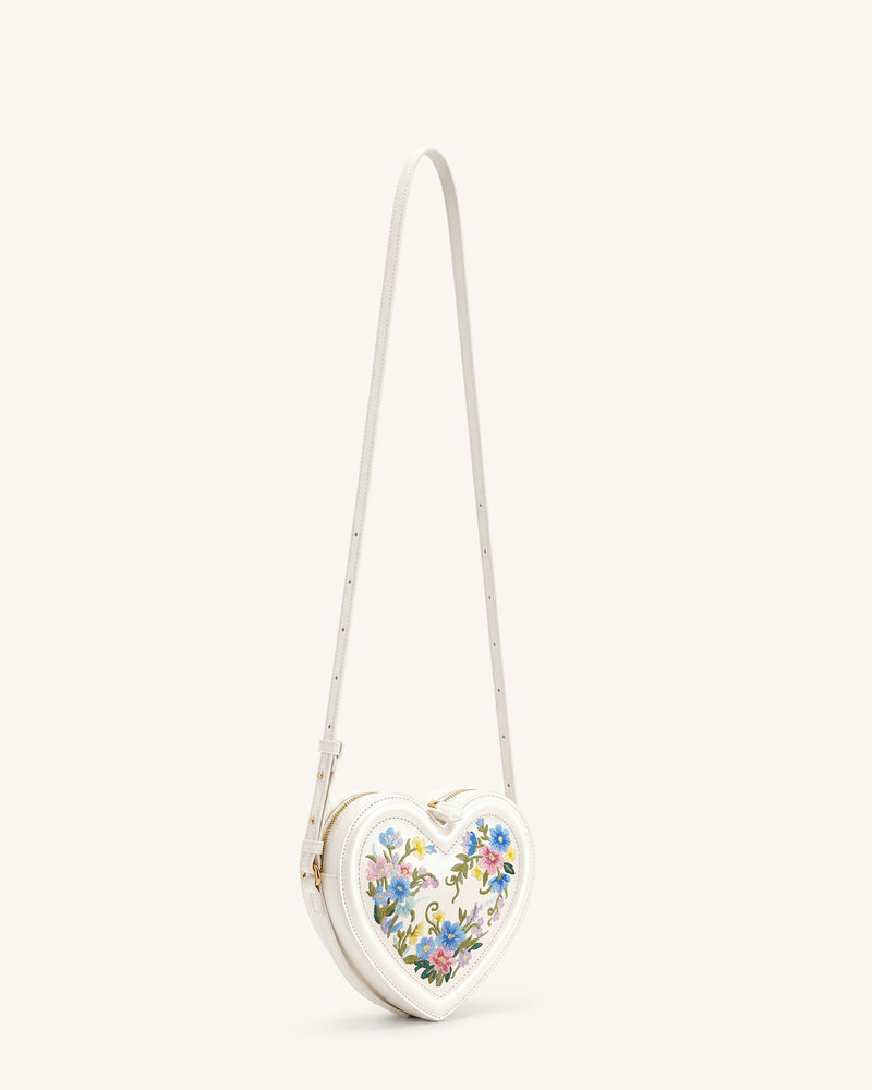 Arlene Embroidered Heart Shape Crossbody Bag - Ivory White