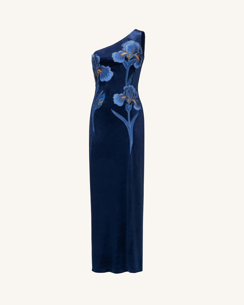 Iris Embroidered Velvet One Shoulder Maxi Dress - Navy Blue