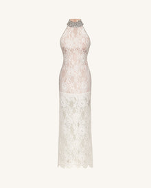 Jeweled Lace Halter Dress - White