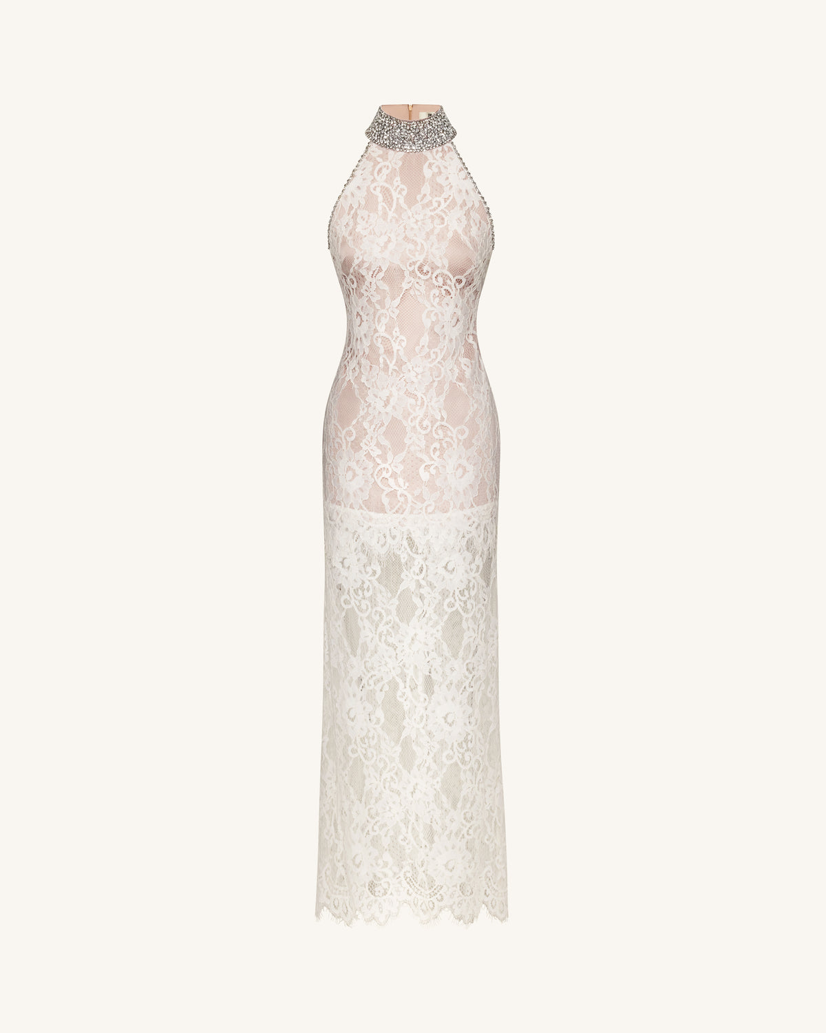 Jeweled Lace Halter Dress - White