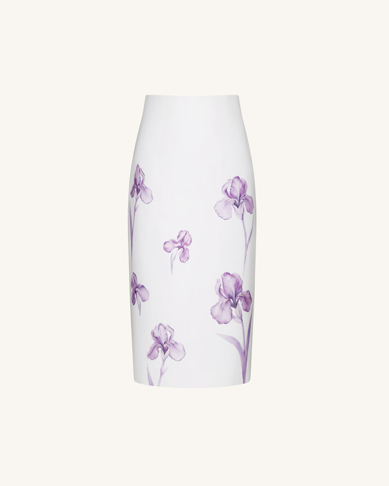 Iris Print High-Waisted Pencil Midi Skirt - White/Purple