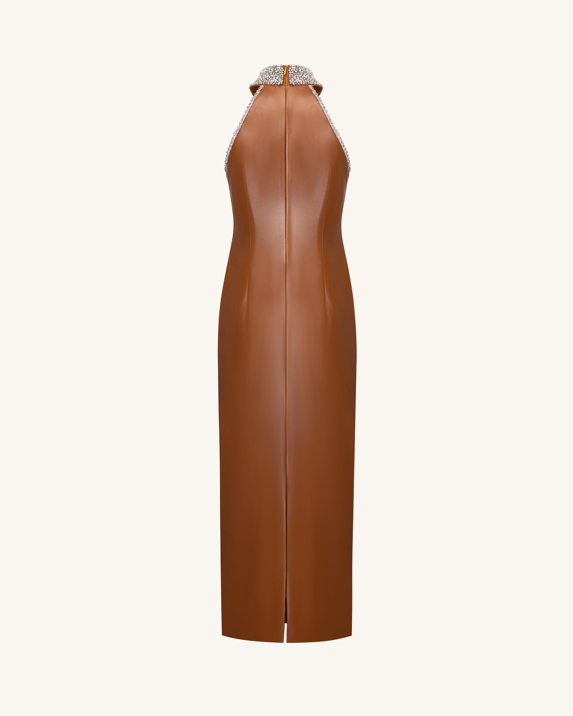 Jeweled High Neck Halter Maxi Dress - Caramel Brown