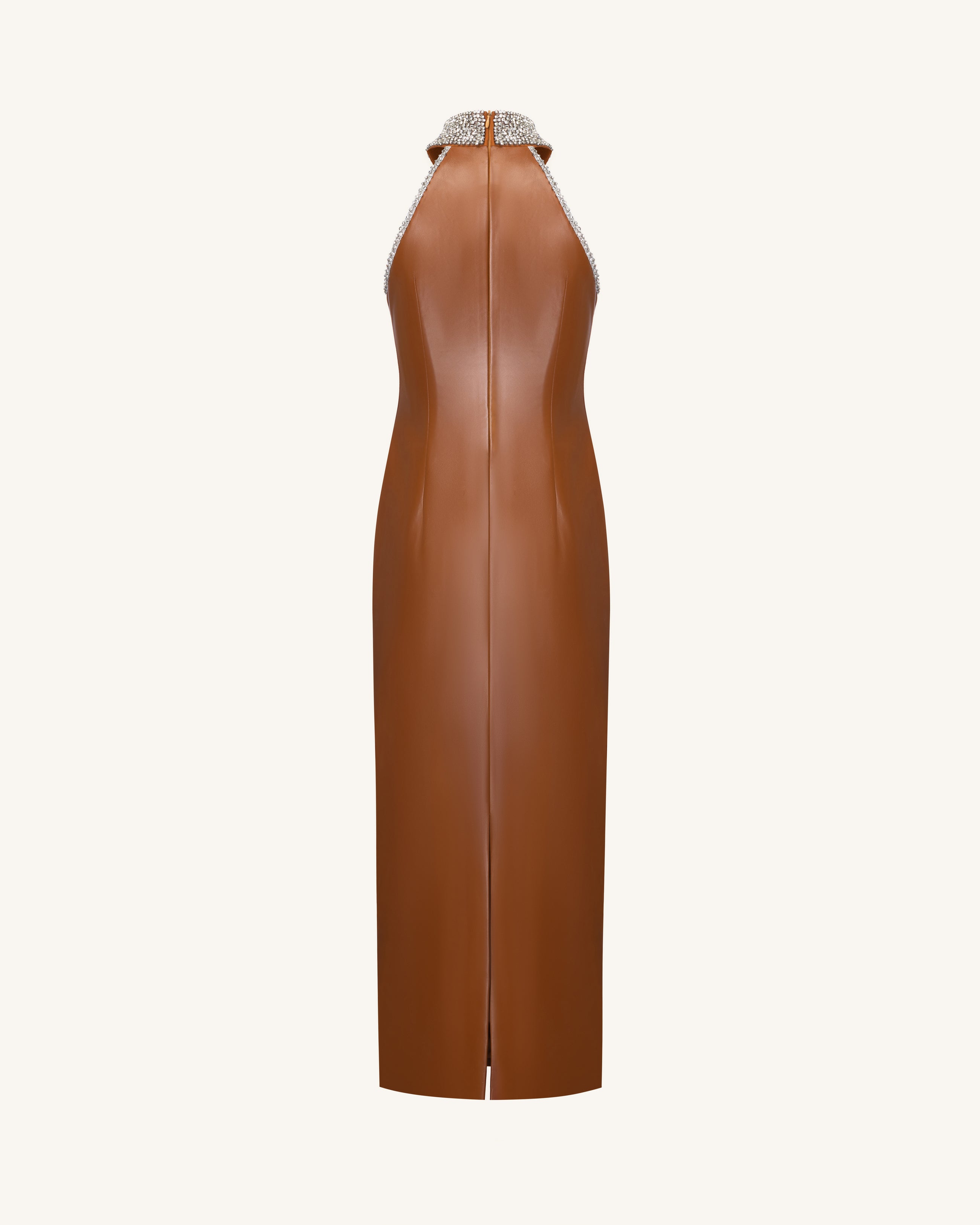 Jeweled High Neck Halter Maxi Dress - Caramel Brown