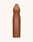 Jeweled High Neck Halter Maxi Dress - Caramel Brown