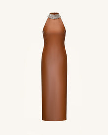 Jeweled High Neck Halter Maxi Dress - Caramel Brown