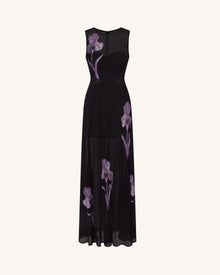 Sheer Floral Print Paneled Maxi Dress - Black