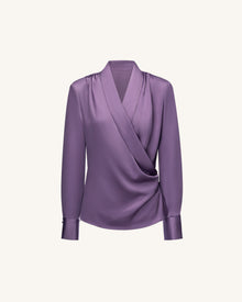 Satin Wrap V Neck Long Sleeve Blouse - Dusty Mauve