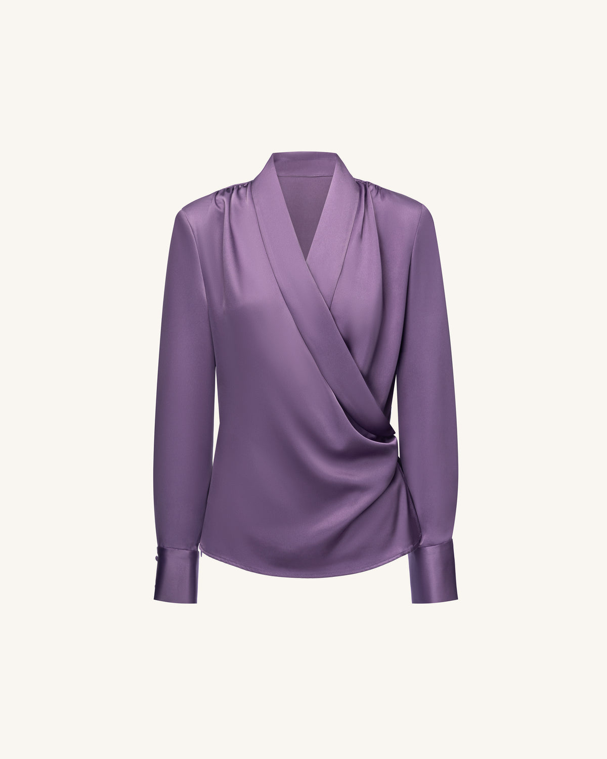 Satin Wrap V Neck Long Sleeve Blouse - Dusty Mauve