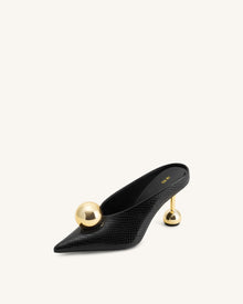 Sofia Angled Vamp Snakeskin Heel Mules - Black