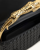 Ione Leopard Shaped Hardware Handle Woven Top Handle Bag - Black