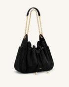 Rowan Faux Suede Drawstring Chain Bucket Bag - Cool Black Croc