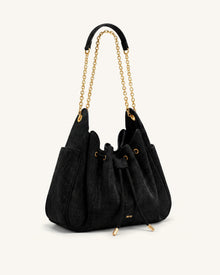 Rowan Faux Suede Drawstring Chain Bucket Bag - Cool Black Croc