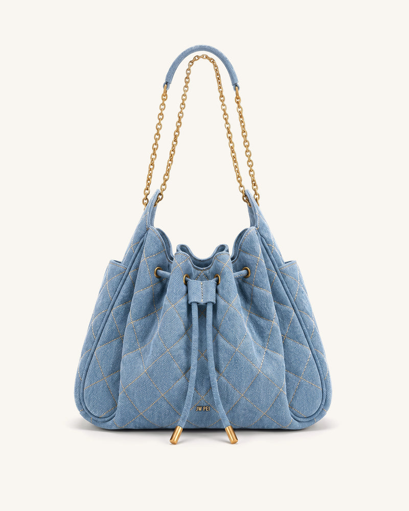 Rowan Ruched Quilting Drawstring Chain Bucket Bag - Blue Denim