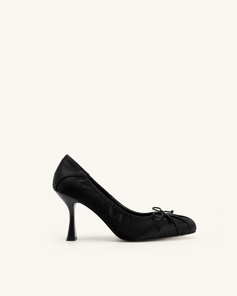 Solenne Satin Bow Ruched Pumps - Black