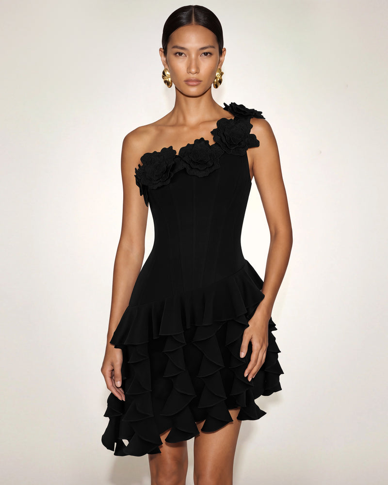Flower Embroidered One-Shoulder Corset Mini Dress - Black