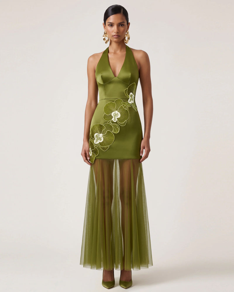 Orchid Embroidered Sheer Hem Halter Maxi Dress - Olive
