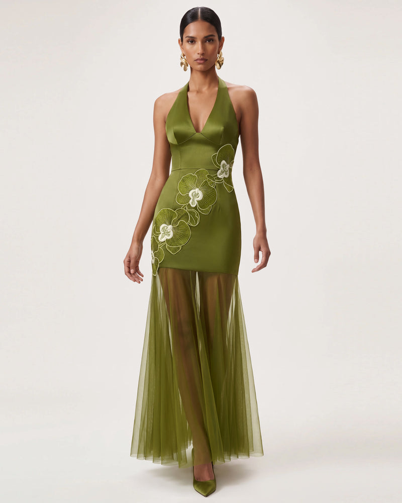 Orchid Embroidered Sheer Hem Halter Maxi Dress - Olive