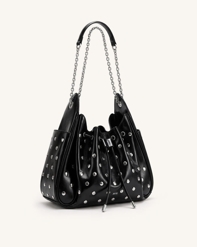 Rowan Studded Ruched Drawstring Chain Bucket Bag - Shiny Black