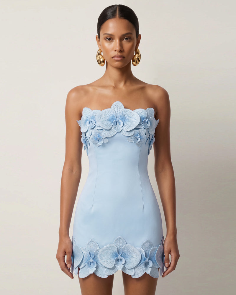 Orchid Trim Strapless Mini Dress - Blue