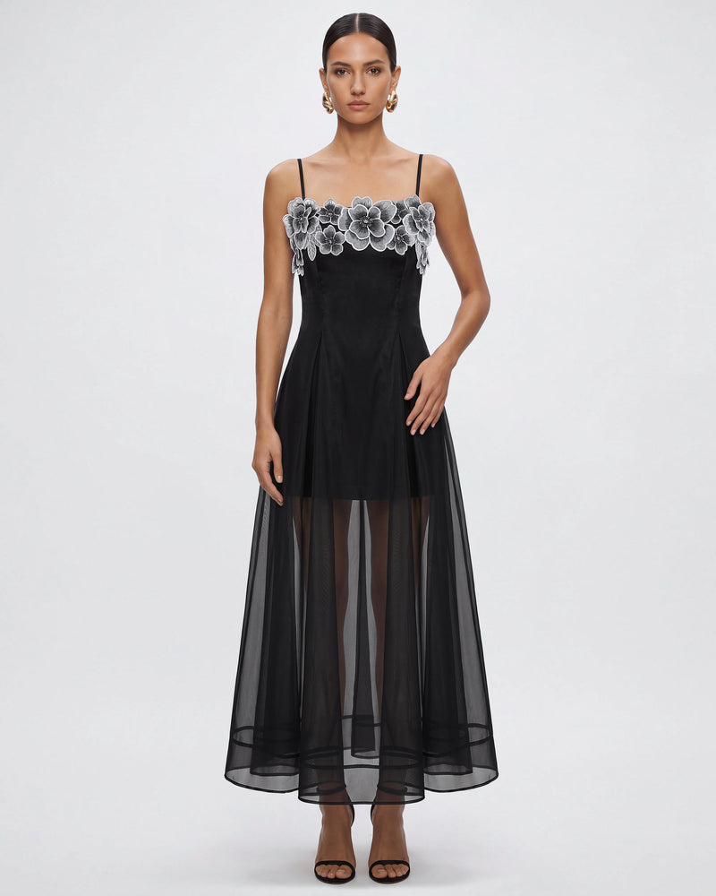 Floral Embroidered Sheer Layered Maxi Dress - Black